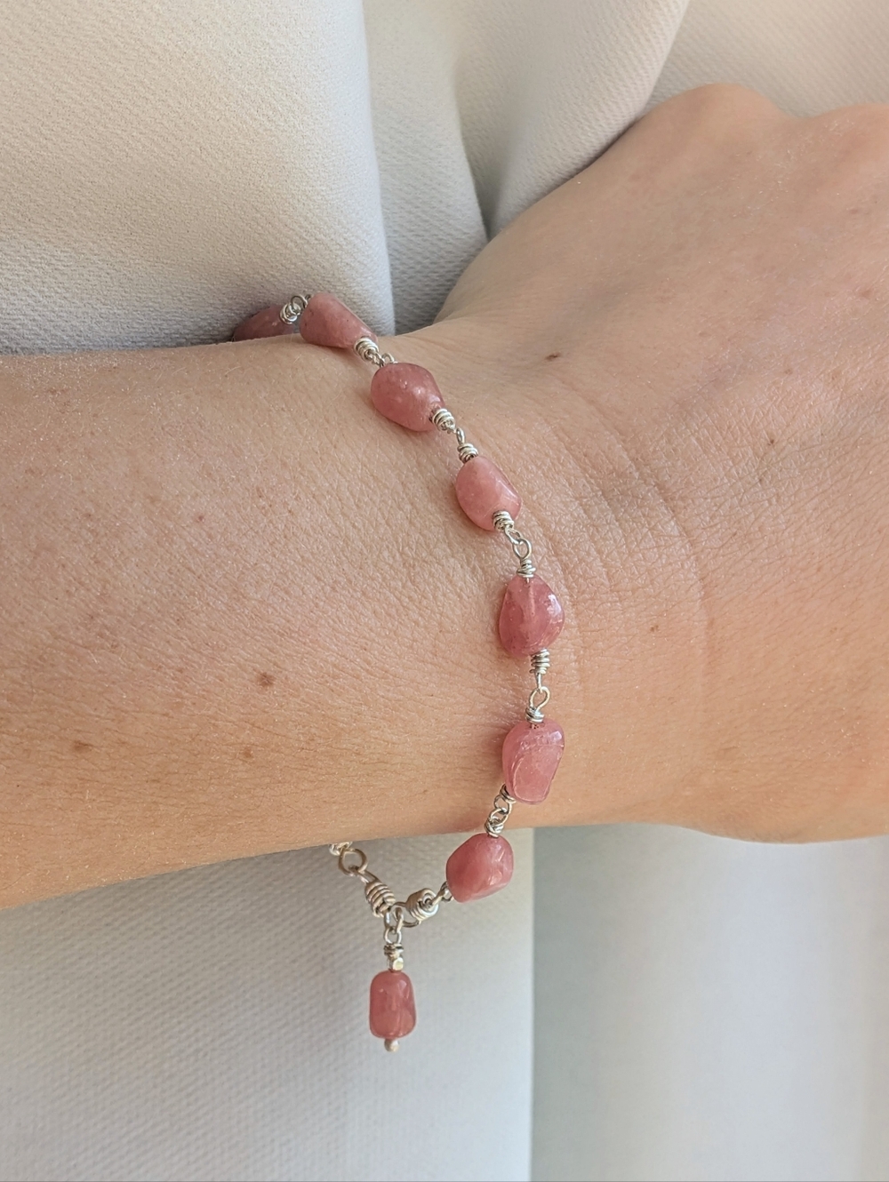 Sterling Silver Bracelet- Pink Gemstones-Artisan Crafted Chain